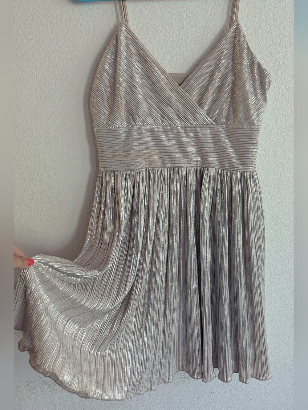 Armani Exchange Metallic Pleated Party Dress in Champagne
